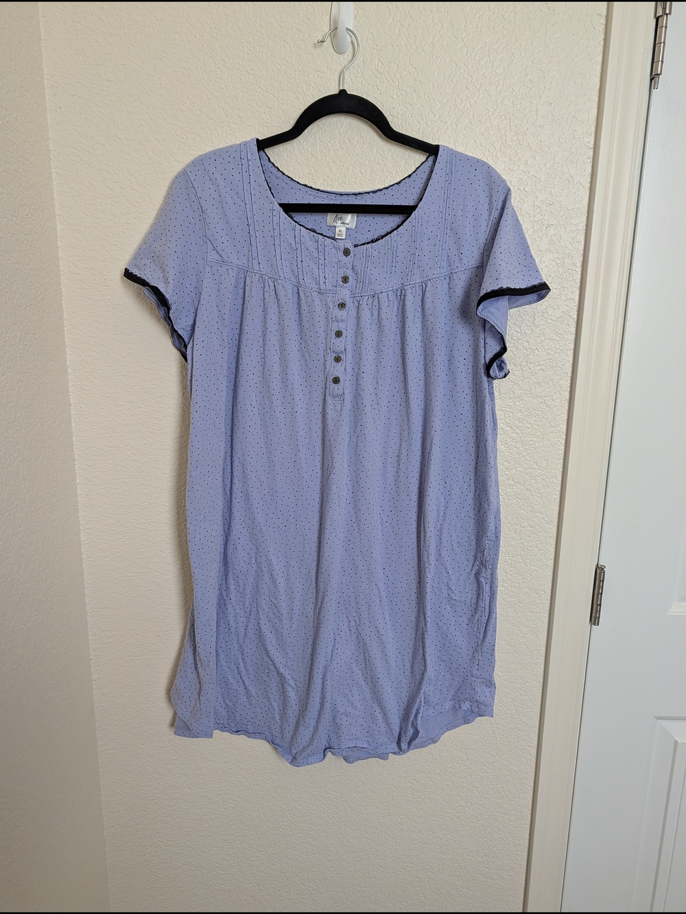 Aria Collection Nightgown All Cotton Pullover Knee Blue Black dots Plus Size XL